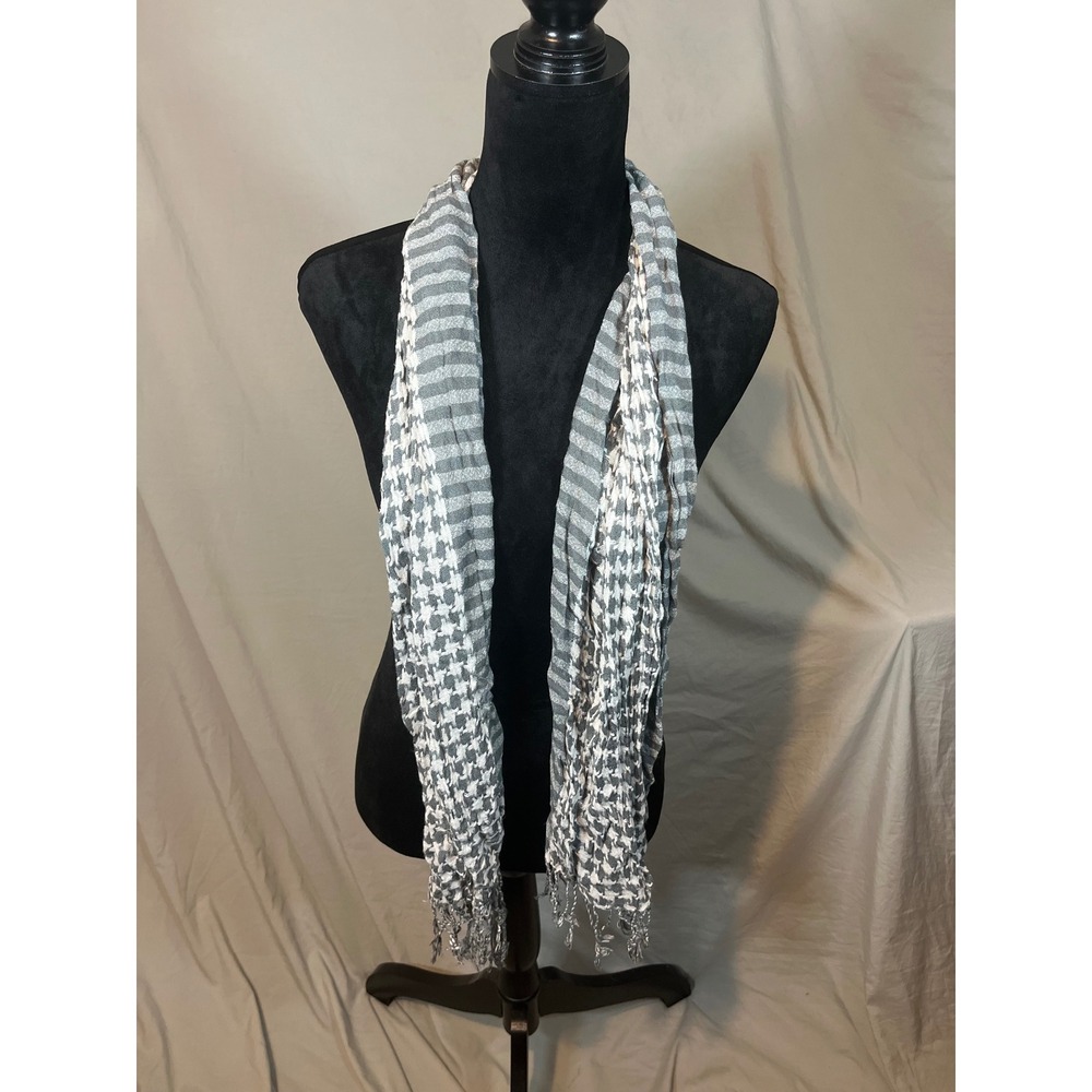 Grey White Striped Houndstooth‎ Mixed Print Lightweight Fringe Scarf Wrap - Picture 3 of 3